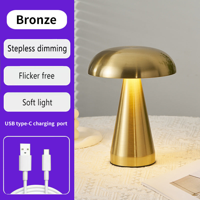 Bronze Metal Mushroom Table Lamp - Rechargeable Touch Control Ambient Light with Remote-0