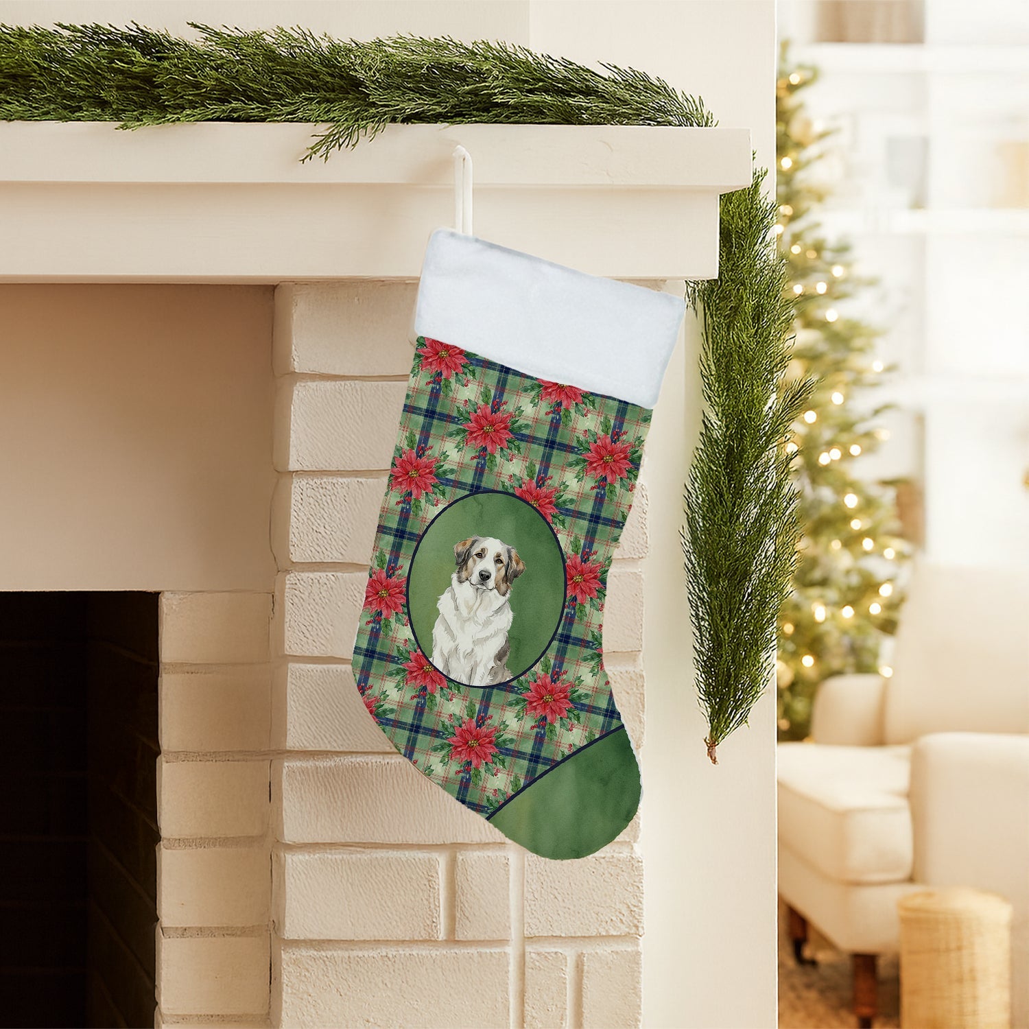 Badger Great Pyrenees Christmas PoinsettIas Holiday Stocking